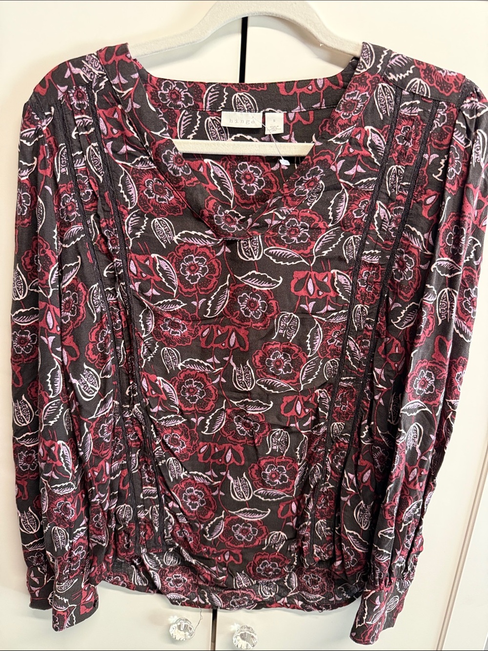 hinge Black Floral Blouse with Red and Purple Motifs